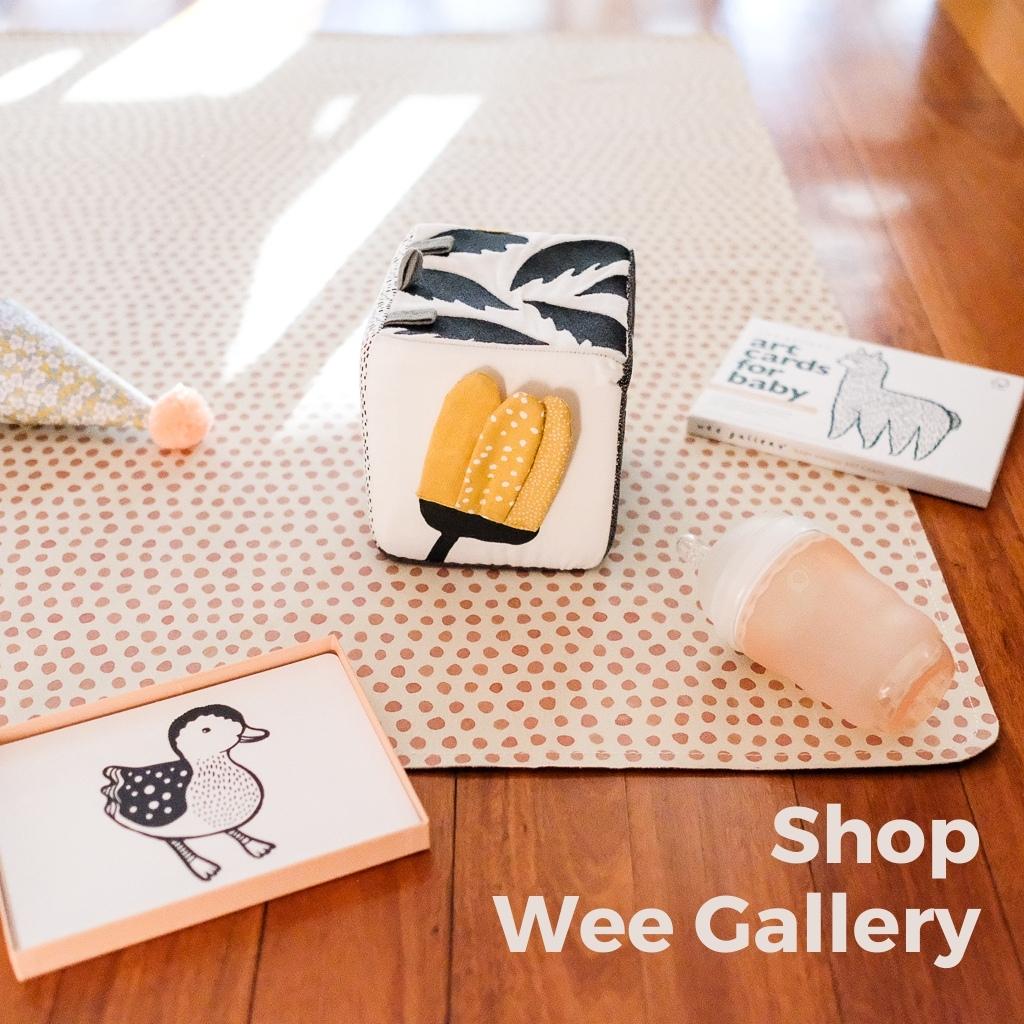 Wee Gallery Jungle Soft Blocks with Wee Gallery Baby Animals Alphabet Cards and Olababy 240ml in Coral on Gathre mat in Pebble