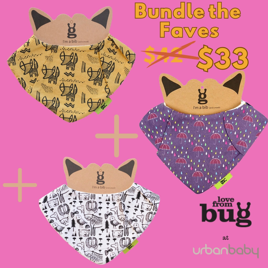 3 for $33 Love from Bug Bibs Fox, Wild & Rain - UrbanBaby shop