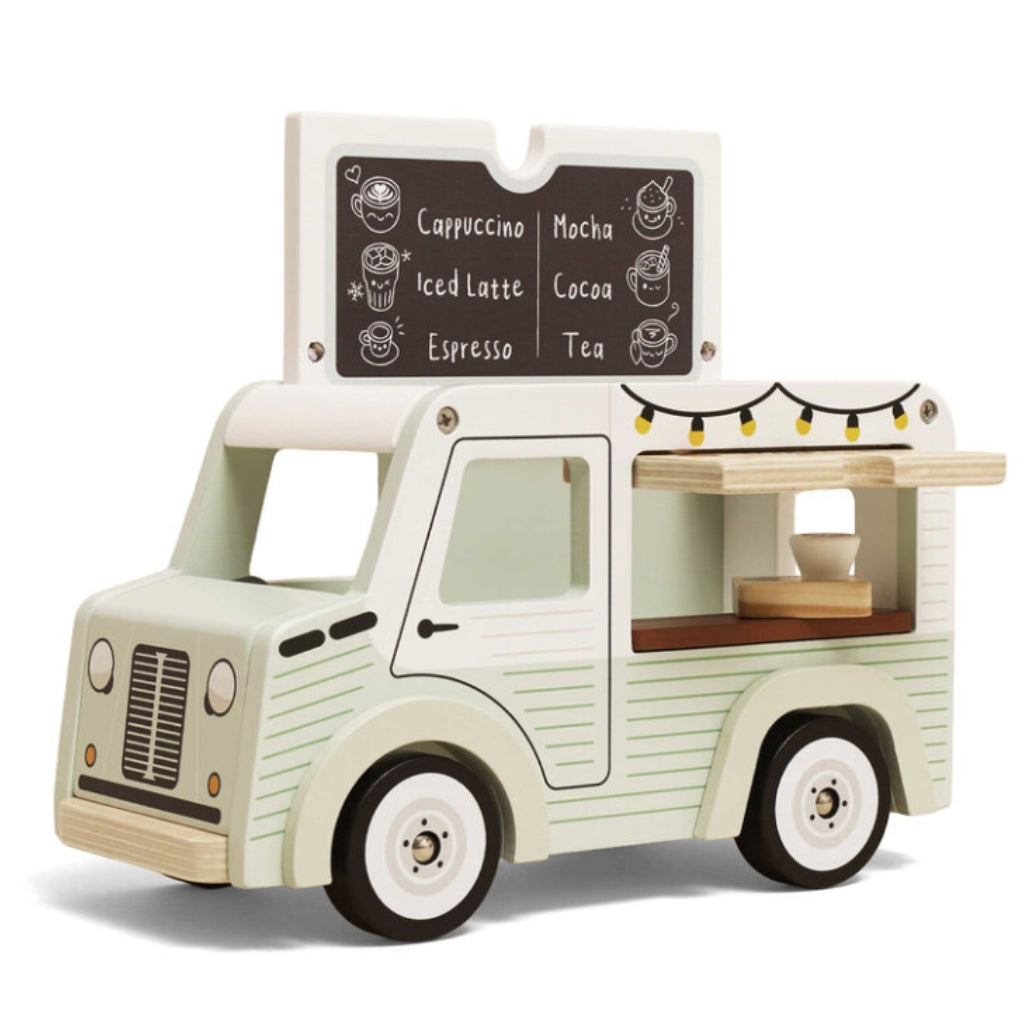 Wooden café van toy with flip-open roof showing coffee and tea menu