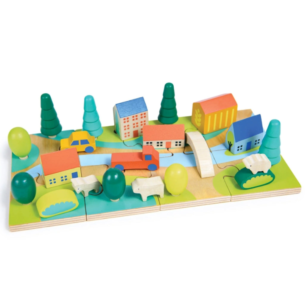 Mentari Tiny Town Jigsaw fully assembled with buildings, trees, vehicles & animals on a wooden jigsaw-style base