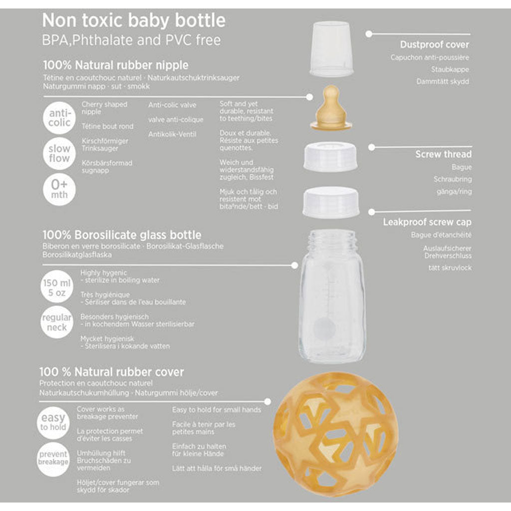 Hevea Glass Baby Bottle With Upcycled Star Ball - Pink - UrbanBaby shop